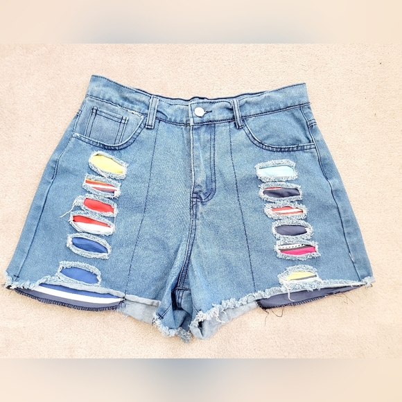 Mislook medium wash distressed cuffed hem denim jean shorts size MEDIUM cool - Picture 2 of 8
